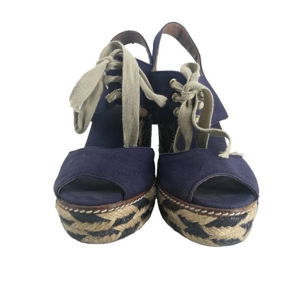 Tory Burch Wedge Espadrille Linley Platform Sandals Size 6.5-7? Peep Toe Blue - Picture 2 of 15